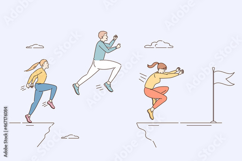 Business competition and leadership concept. Group of young people competitors jumping over abyss trying to reach aim flag first vector illustration 