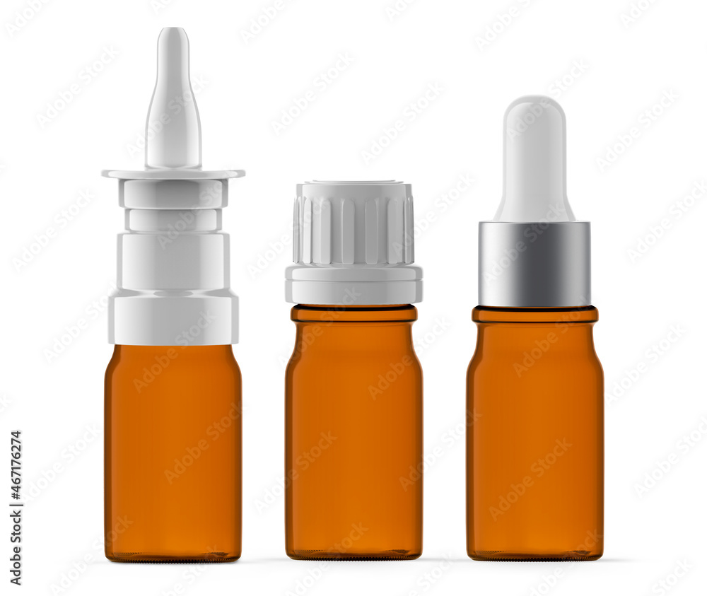 Fototapeta premium 5 ml Amber Glass Bottles. Nasal spray, Essential Oil and Dropper Bottle