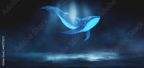 Abstract night fantasy landscape with an island, a whale in the sky, a dark fantasy scene, an unreal world, a fish, a whale, a sperm whale. Reflection of neon light, water, depths of the sea. 3D  © MiaStendal