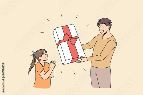 Surprise and holiday present concept. Smiling young man father standing and giving huge present box with ribbon for his surprised daughter vector illustration 