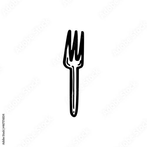 Plastic disposable fork. Cutlery for the holiday. Element for decorating a fun party. Hand drawn line vector illustration in doodle style.