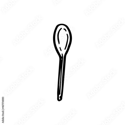 Plastic disposable spoon. Cutlery for the holiday. Element for decorating a fun party. Hand drawn line vector illustration in doodle style.