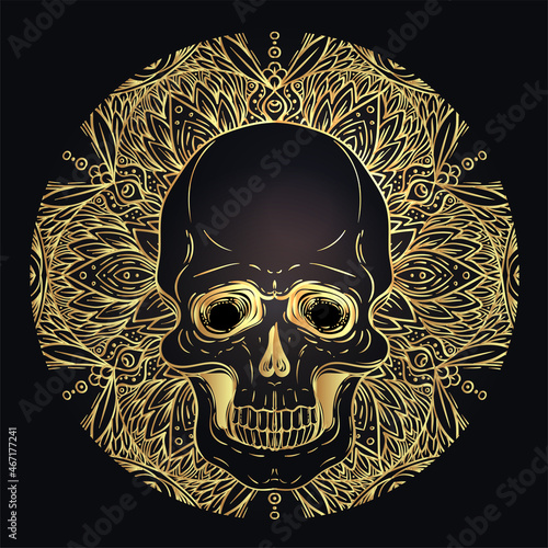 Human Skull and Lotus over Mandala inspired Sacred Geometry. Ayurveda symbol ...