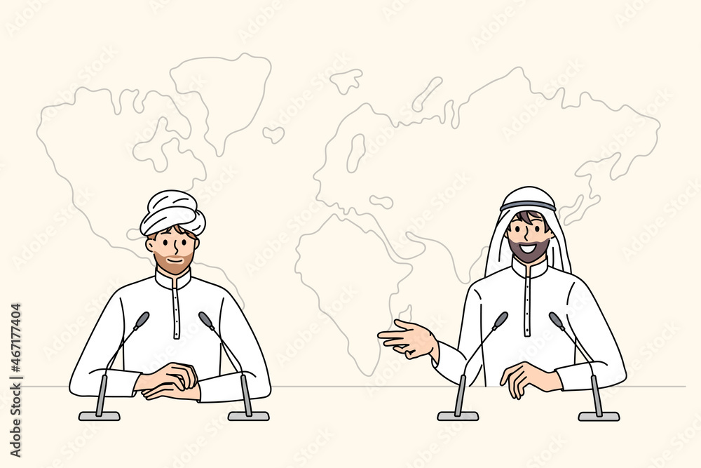 Press conference of arab businessmen concept. Two islam men partners businessmen sitting talking having press conference vector illustration Press conference of arab businessmen concept. Two islam men partners businessmen sitting talking having press conference vector illustration