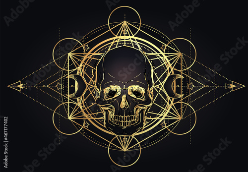 Human Skull and Lotus over Mandala inspired Sacred Geometry. Ayurveda symbol of harmony and balance. Tattoo flesh design, yoga logo. Boho print, poster, t-shirt textile. Isolated vector illustration..