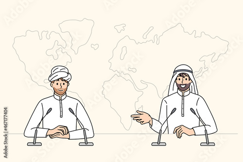 Press conference of arab businessmen concept. Two islam men partners businessmen sitting talking having press conference vector illustration 