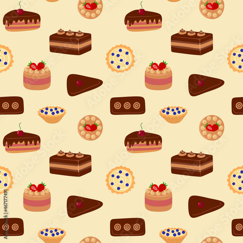 Pattern of sweet delicious cakes. Cartoon style hand drawn vector illustration. Cakes with cream, berries and chocolate. For greeting cards, restaurants and bakery menus.