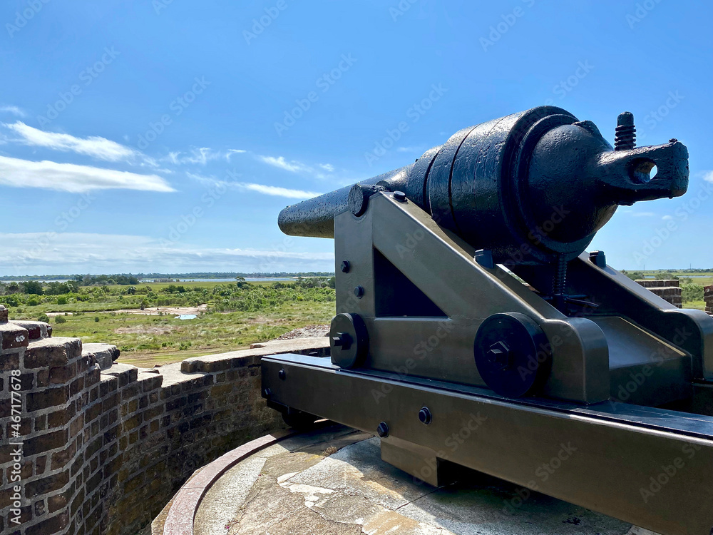 Savannah, Georgia: Fort Pulaski National Monument. American Civil War fort, Confederate Army surrendered fort to Union after rifled cannon siege. Brooke Rifled cannon on the terreplein. Savannah, Georgia: Fort Pulaski National Monument. American Civil War fort, Confederate Army surrendered fort to Union after rifled cannon siege. Brooke Rifled cannon on the terreplein.