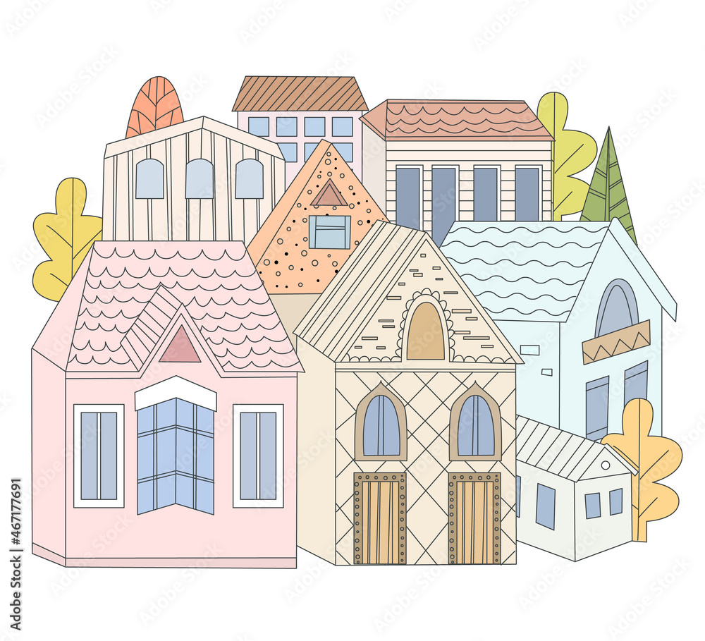 isolated group of vintage houses on white background for your de