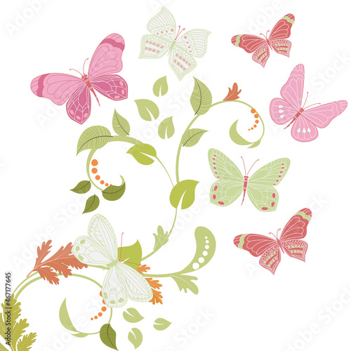 delicate floral pattern and  flying butterflies for your design © Aloksa
