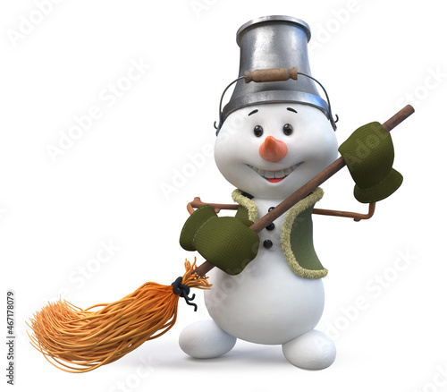 3d illustration A snowman with a broom and bucket on his head
