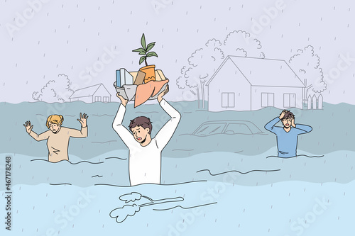 Flood and damaged estate concept. Group of unhappy stressed people walking through flood with pieces of belongings feeling panic vector illustration 