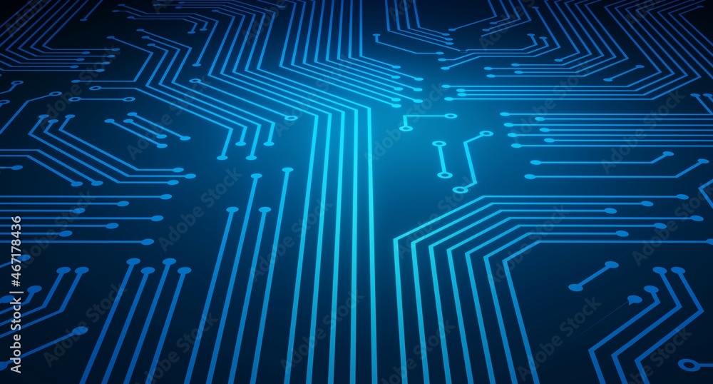 Electronic circuit board with printed circuits. Concept in blue colors. 3d rendered Electronic circuit board with printed circuits. Concept in blue colors. 3d rendered