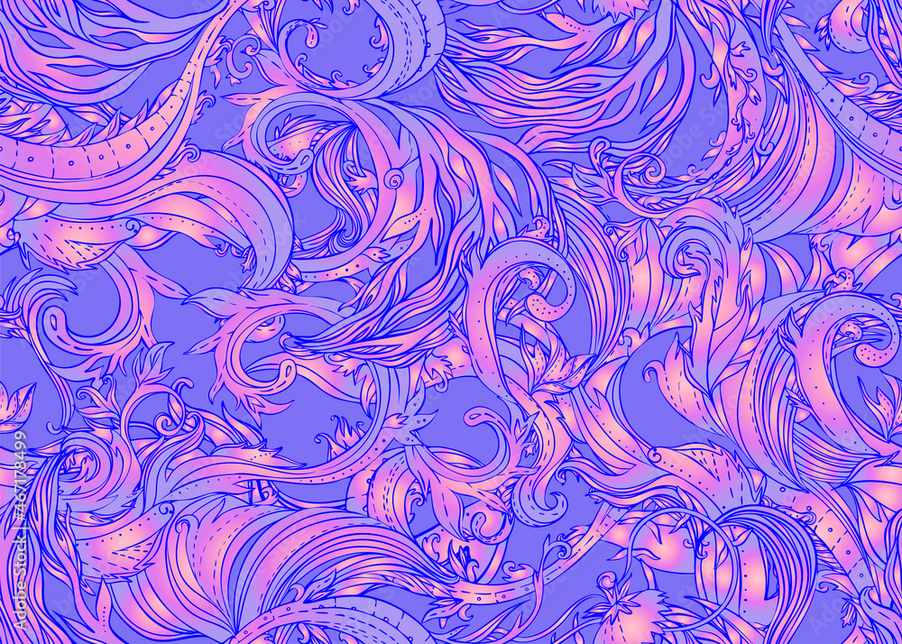 Beautiful ornate flower seamless pattern. Outline drawing, spring summer floral fashion print. Intricate leafy background. Decorative style retro ornate design with repetition. vector illustration