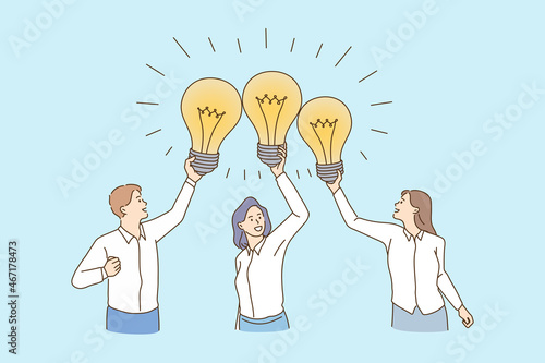 Team and great business idea concept. Group of Young smiling businessmen partners coworkers cartoon characters standing holding light bulbs above vector illustration 