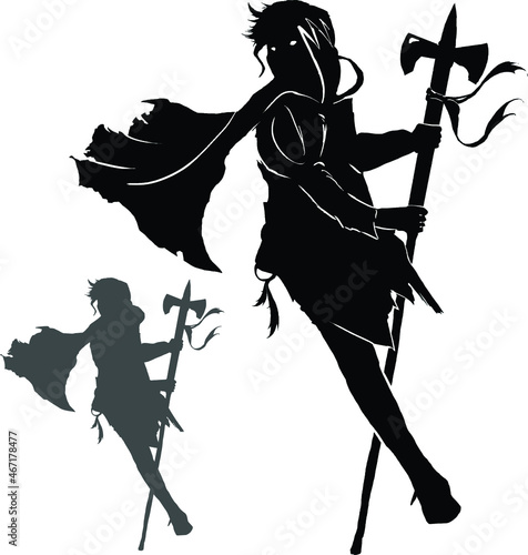 drawing of a vector black silhouette on a white background. a warrior with disheveled hair in iron armor and a cloak in a dynamic pose holds a huge axe and a belt with straps in his hands.  2d art