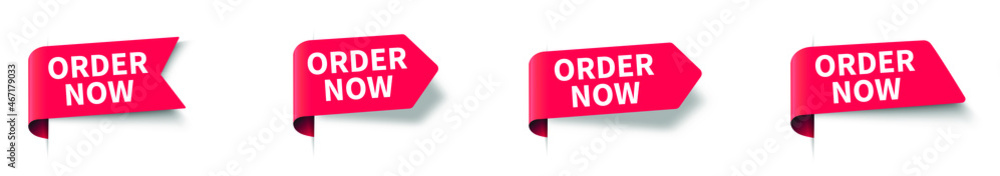 Order now red vector banner set, web design elements. Ribbon or labels. Promotional event shopping flags, tags and new order badges. Vector illustration Order now red vector banner set, web design elements. Ribbon or labels. Promotional event shopping flags, tags and new order badges. Vector illustration