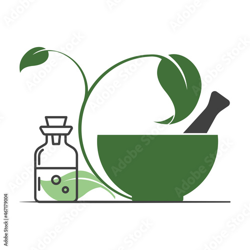 Ayurvedic mortar and pestle with green leaves and bottle. Alternative medicine concept. Flat style illustration. Isolated. 