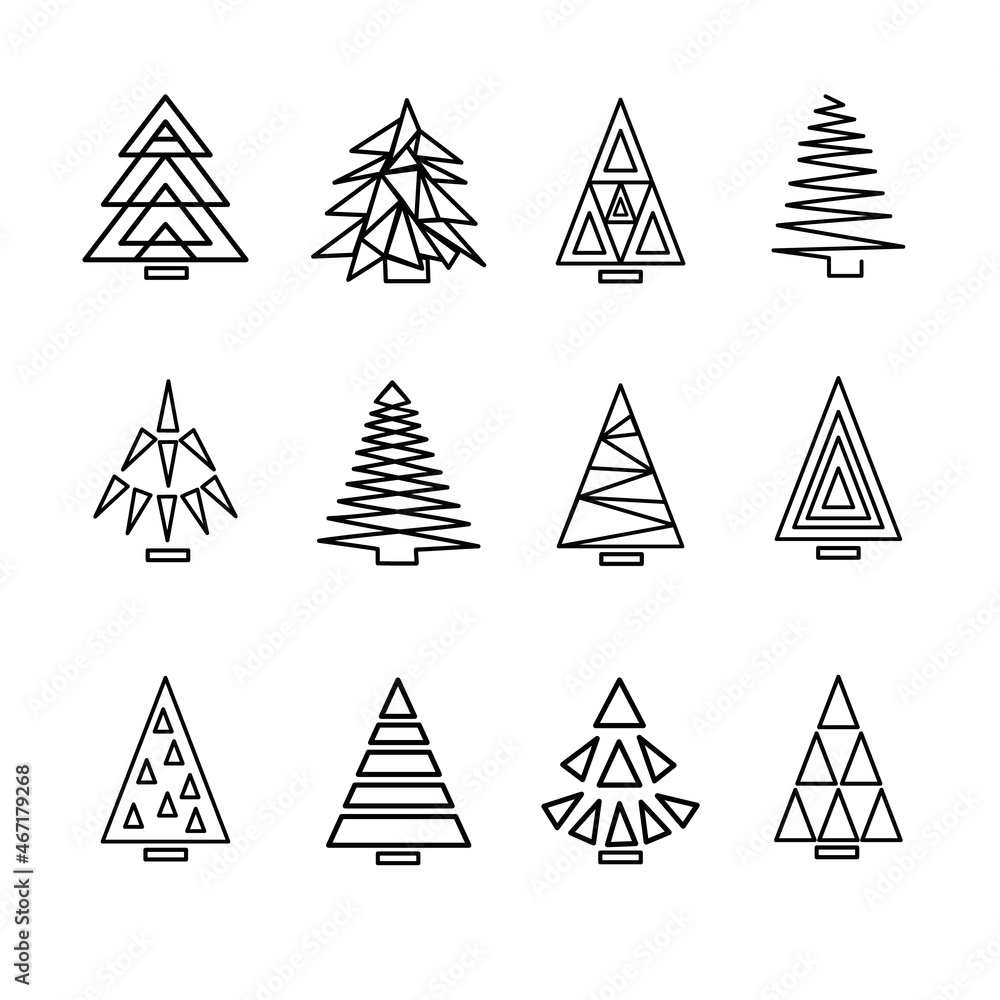 Obraz premium Set of 16 black and White triangle Christmas tree icon. Simple cute Isolated on white background. Vector illustration