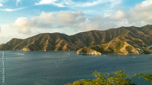 Panoramic landscape in Taganga with sea and mountains. Santa Marta, Magdalena, Colombia.