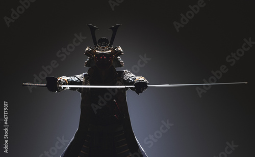 3D illustration of a silhouette of a samurai's upper body wearing Japanese armor and drawing a sword on a dark background.