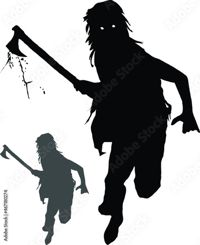 drawing of a vector black silhouette on a white background. a Viking with long disheveled hair and wearing fur armor strikes with an axe. his eyes are glowing, and he has a strange evil look. 2d art