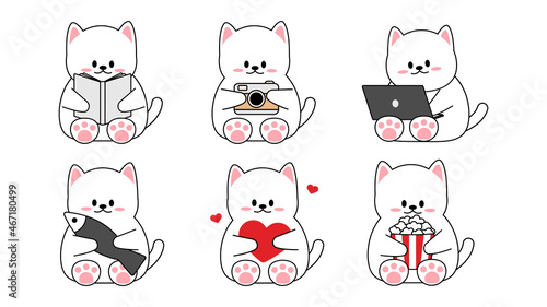 Collection of different cute little cats on a white background. Kawaii set of funny animal characters design in cartoon style. Pet cat. Baby stickers. Vector illustration.