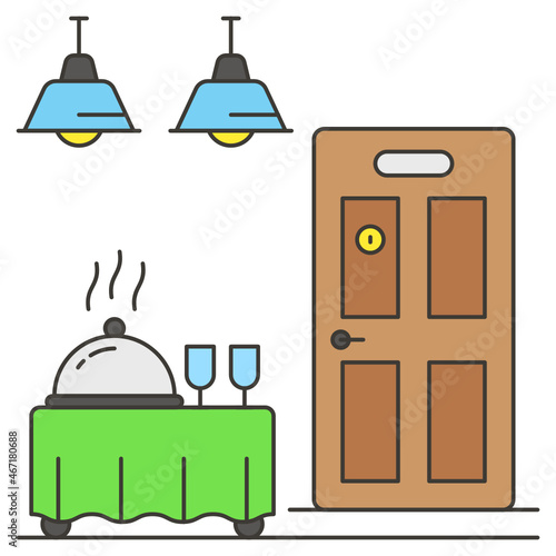 in-room dining Concept, delivering Meal to rooms Vector Icon Design, Hotel and Motel Services Symbol, Vacations Rental Sign, Restaurant Supplies Stock Illustration