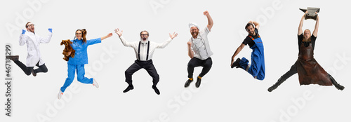 Collage of happy people, professor, vet, barber, smith and chef jumping isolated on white studio background. Horizontal flyer, collage
