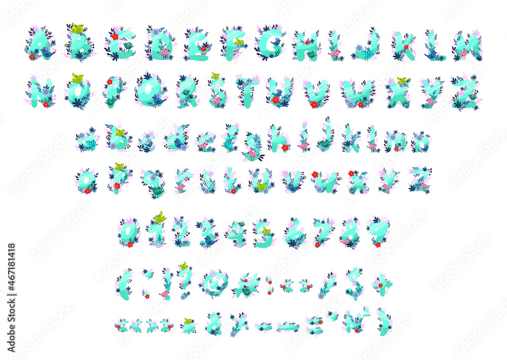Vector collection of letters, numbers and punctuation marks with flowers and birds. The original spring alphabet. 