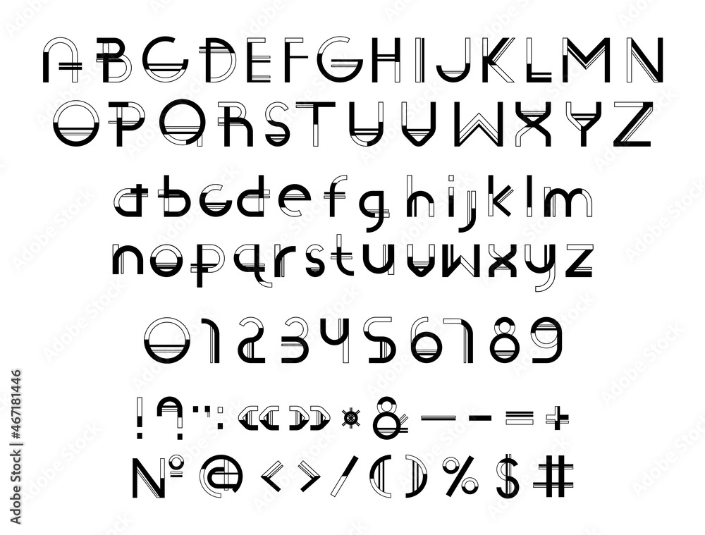 Set of letters, numbers, punctuation marks in a modern style. Linear-filled font.t Set of letters, numbers, punctuation marks in a modern style. Linear-filled font.t