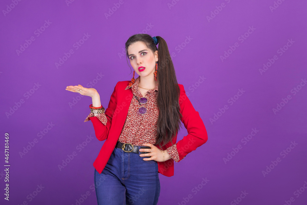 Retro fashion 90s 80s young woman in red jacket portrait, palm up gesture with copy space. Retro fashion 90s 80s young woman in red jacket portrait, palm up gesture with copy space.