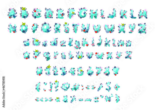 Vector collection of letters, numbers and punctuation marks with flowers and birds. The original spring alphabet. 