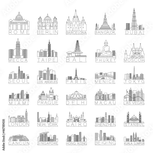 Collection of linear city skylines of different countries.