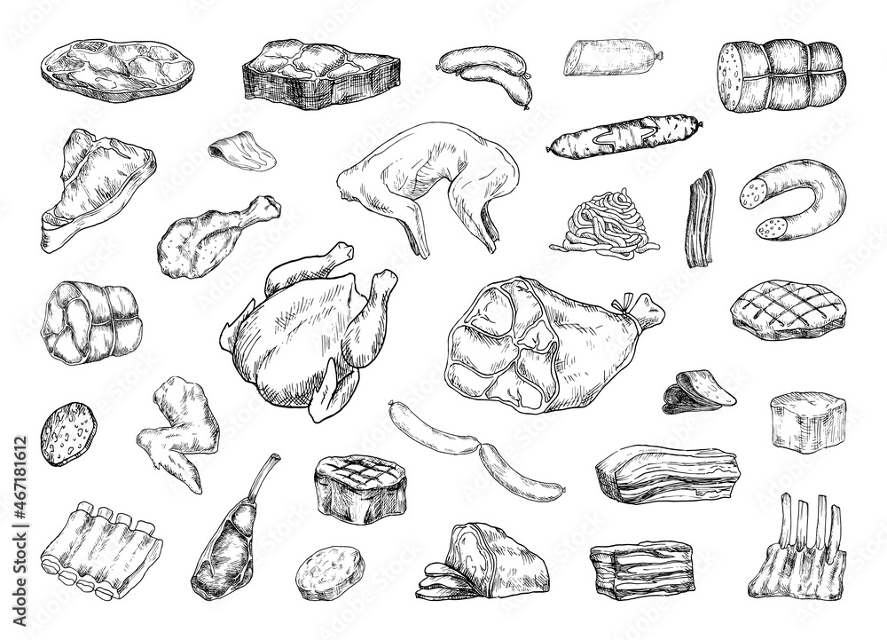 Collection of monochrome illustrations of meat products in sketch style. Hand drawings in art ink style. Black and white graphics.