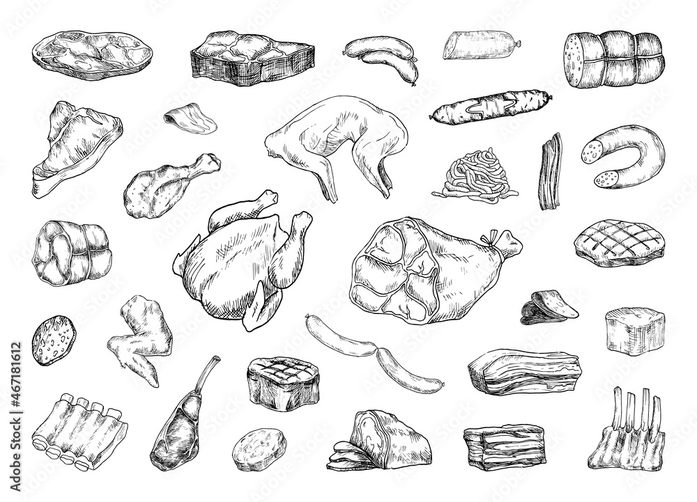 Collection of monochrome illustrations of meat products in sketch style. Hand drawings in art ink style. Black and white graphics. Collection of monochrome illustrations of meat products in sketch style. Hand drawings in art ink style. Black and white graphics.