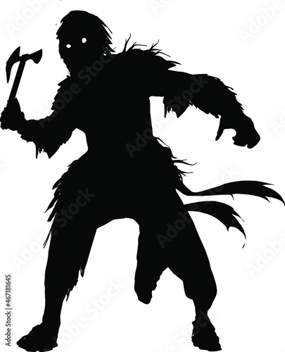 drawing of a vector black silhouette on a white background. a Viking with long disheveled hair and wearing fur armor strikes with an axe. his eyes are glowing, and he has a strange evil look. 2d art