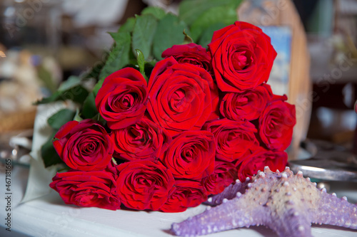 Red roses flowers with valentine festival and beautiful blur bouquet background . 8 marc . Very beautiful Red roses flowers . Soft box shot . Red rose flowers .