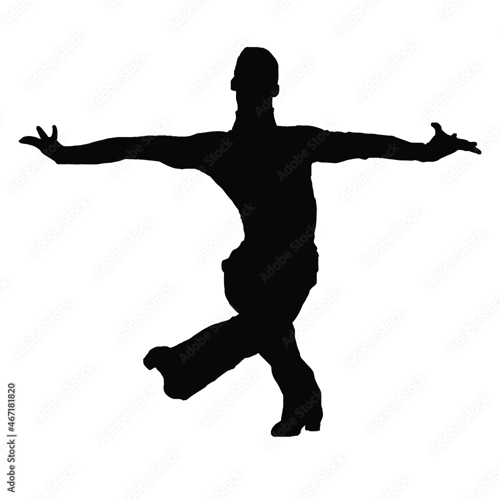 vector drawing of a black silhouette on a white background of a man with long arms and wide trousers in shoes. he is a sports dancer, he is without outerwear. 2d art