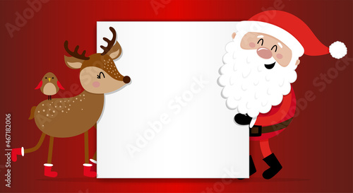 Christmas banner with free copy space. Xmas sale. Santa Claus message banner. Santa Claus and reindeer holding banner or billboard.