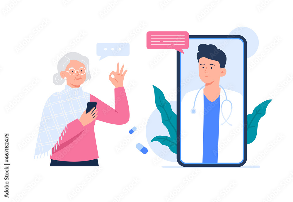 An old woman on online consultation with a doctor. Video call with doctor. Online medical services, consultation and telemedicine concept. Vector flat illustration. An old woman on online consultation with a doctor. Video call with doctor. Online medical services, consultation and telemedicine concept. Vector flat illustration.