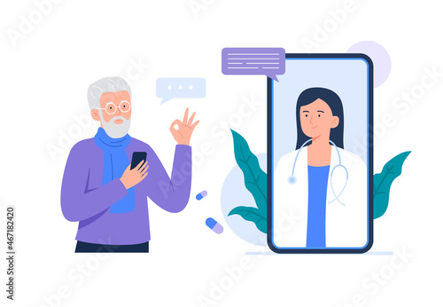 An old man on online consultation with a doctor. Video call with doctor. Online medical services, consultation and telemedicine concept. Vector flat illustration.