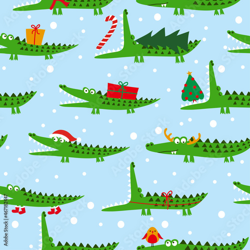 Christmas Crocodile pattern design with several alligators - funny hand drawn doodle, seamless pattern. Adorable Xmas characters. Hand drawn doodle set for kids. Good for textile, nursery, wallpaper.