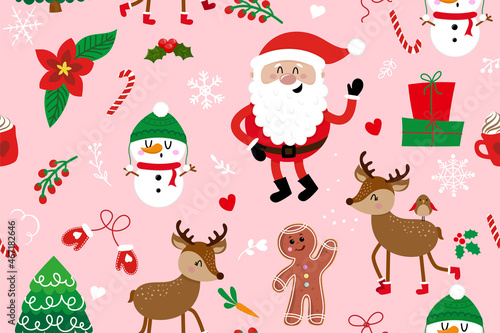 Cute christmas pattern with Santa, snowman and deer - Adorable Xmas characters. Hand drawn doodle set for kids. Good for textile, nursery, wallpaper, clothes. Christmas gift wrapping paper.