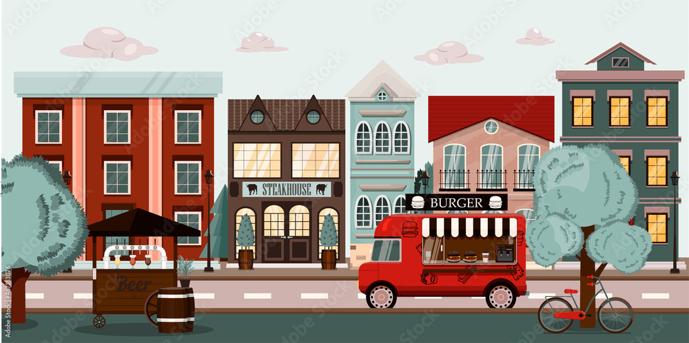 Vector city street with steakhouse restaurant, food truck with burgers and a beer cart. Cartoon illustration with a road and park The background is in a flat style. European city in summer