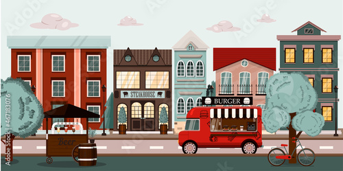 Fototapeta Naklejka Na Ścianę i Meble -  Vector city street with steakhouse restaurant, food truck with burgers and a beer cart. Cartoon illustration with a road and park The background is in a flat style. European city in summer