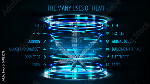 Many uses of hemp, dark poster with blue neon digital portal in cylindrical shape with hologram of hemp leaf inside and infographic of uses of hemp
