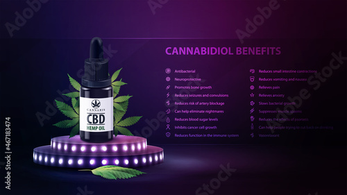 Cannabidiol Benefits, poster with cannabidiol benefits with icons, CBD oil bottle on podium with bulbs in empty purple scene