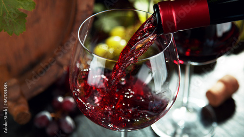 Macro shot of pouring red wine into glass.
