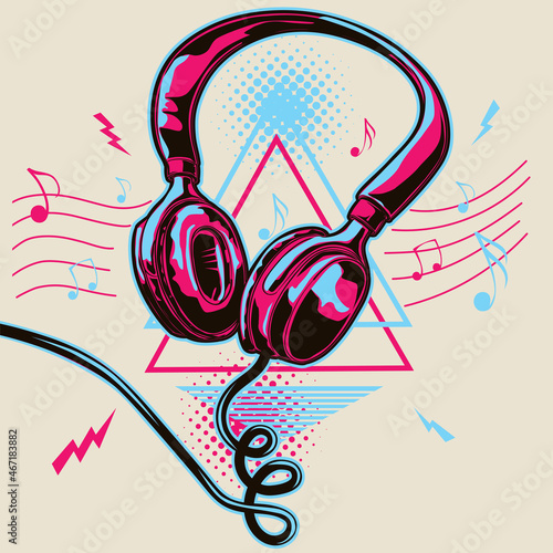 Colorful musical headphones and notes - music design